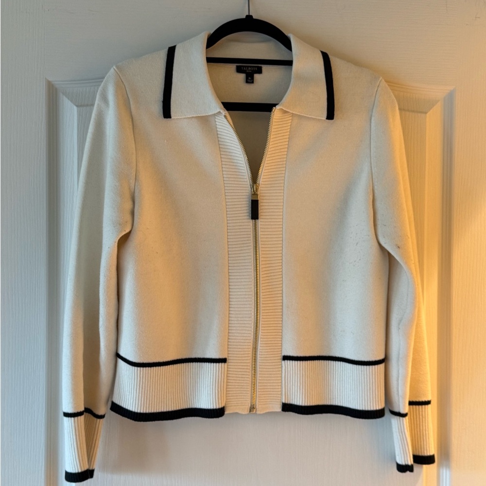 Talbots Cream Zip-Front Cardigan with Black Trim